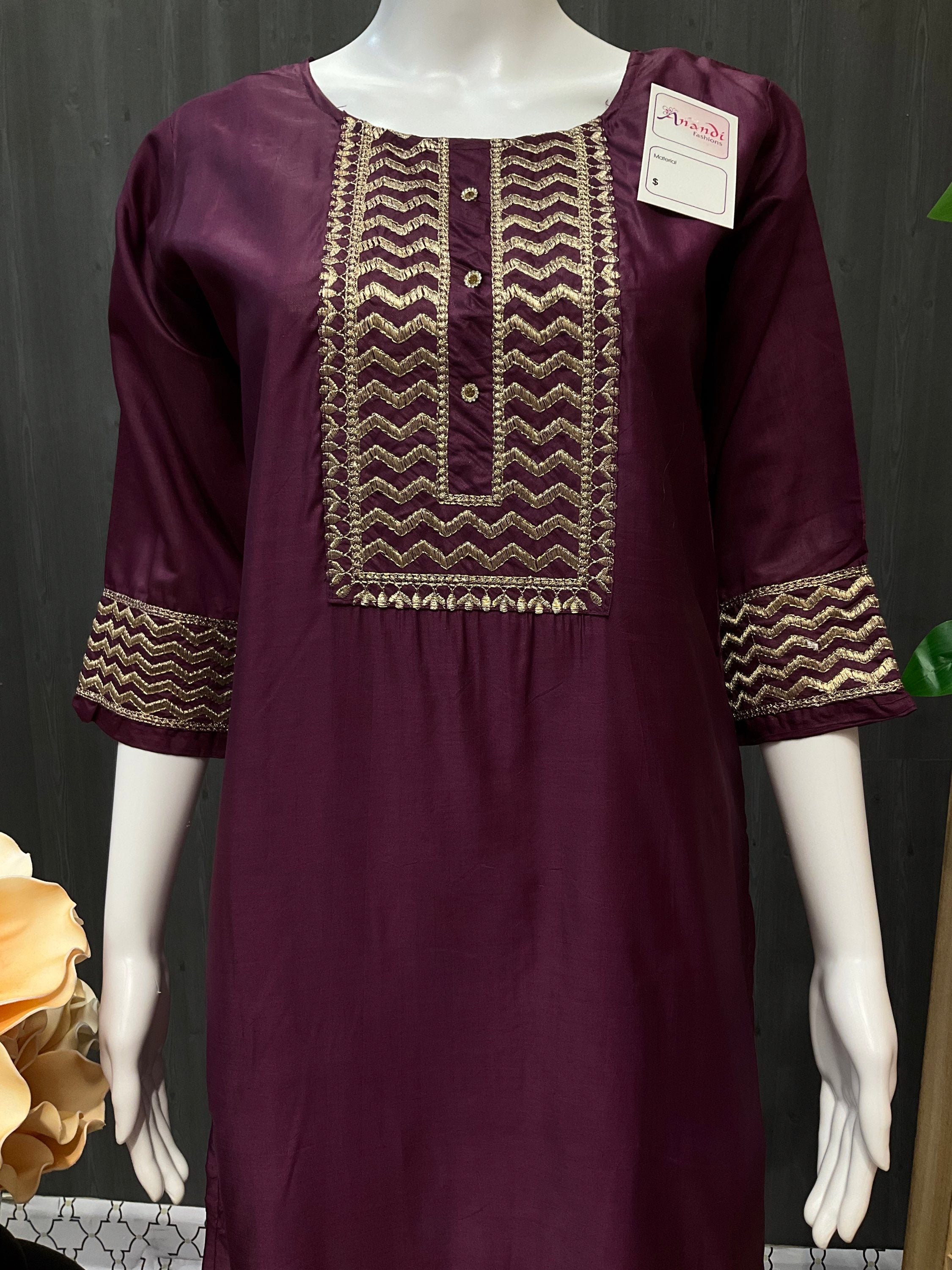 Wine color kurti with Gold Thread work image 1